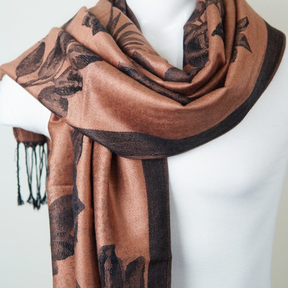 Coffee Black Floral Silk Pashmina Scarves for women Long Shawls Women Head Wraps - Picture 5 of 5